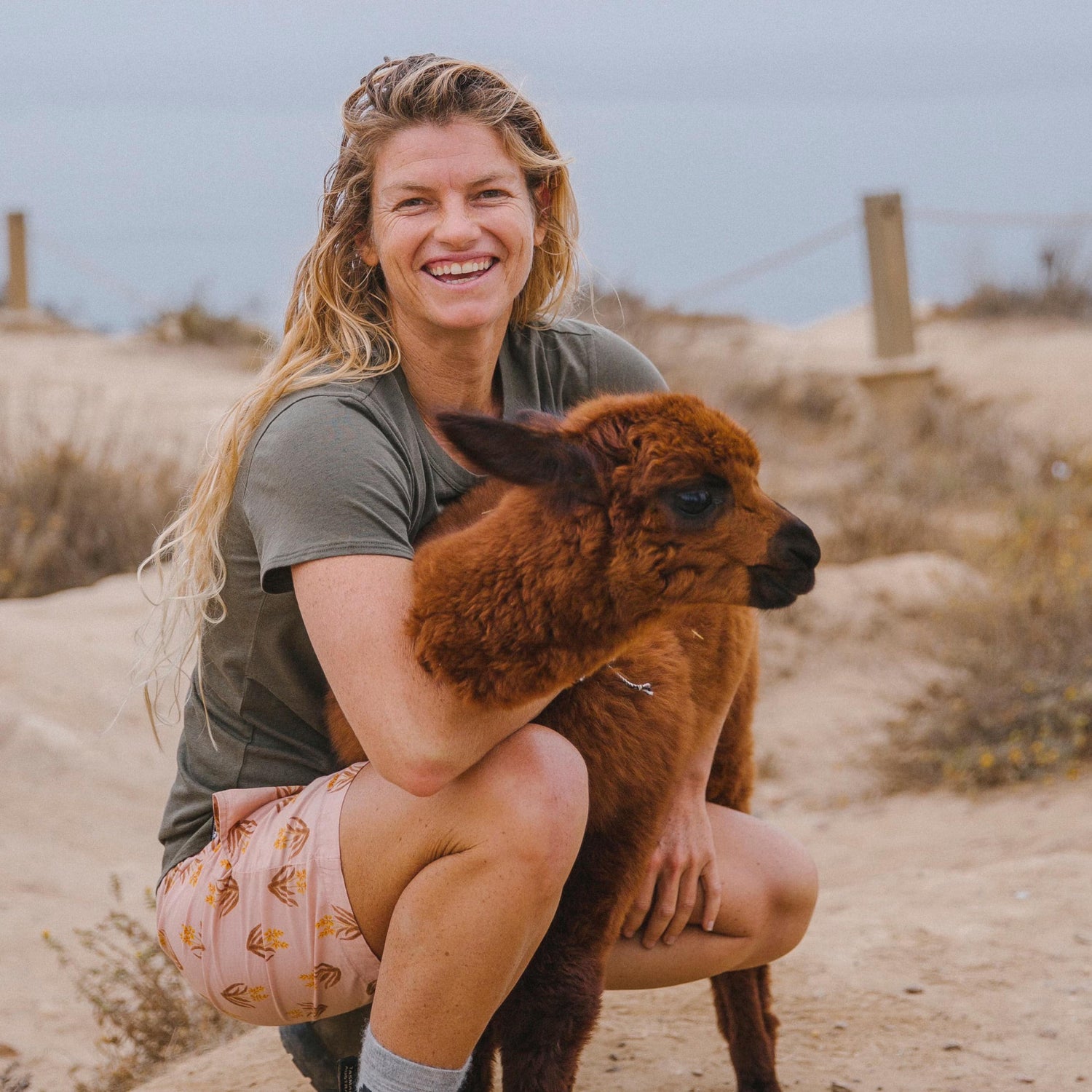 A smiling woman hugging an brown alpaca in her green alpaca tee