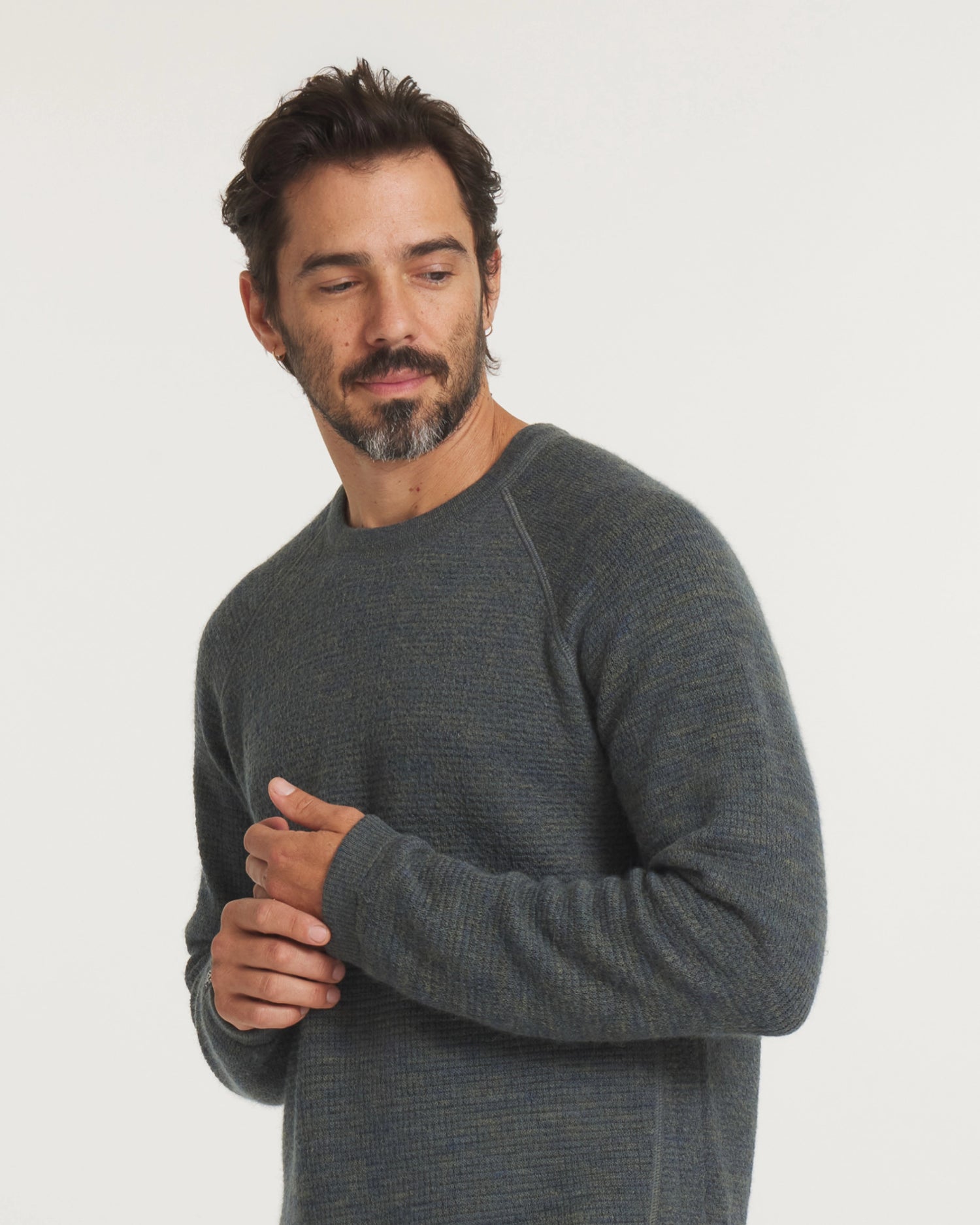 Model Wearing Men’s Mountain Crew Alpaca Outdoor Sweater in Forest / Blue-Green – PAKA Apparel