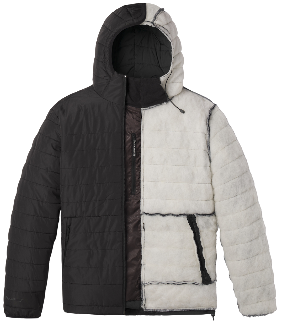 Cozy outdoor winter jacket showing half with exterior and half interior insulation
