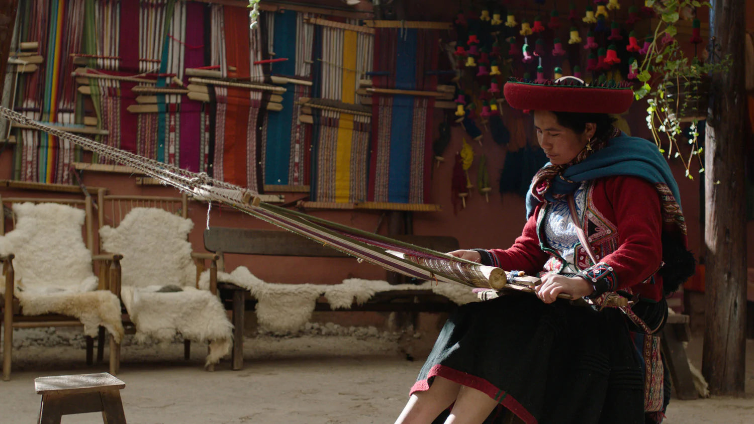 Woman weaving with a weaving belt 