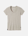Woman's v neck tee in tan on model 