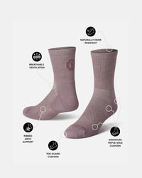 Angled pair of Trail 3/4 crew hiking socks showing breathable ventilation, arch support, toe-guard and triple-sole cushions