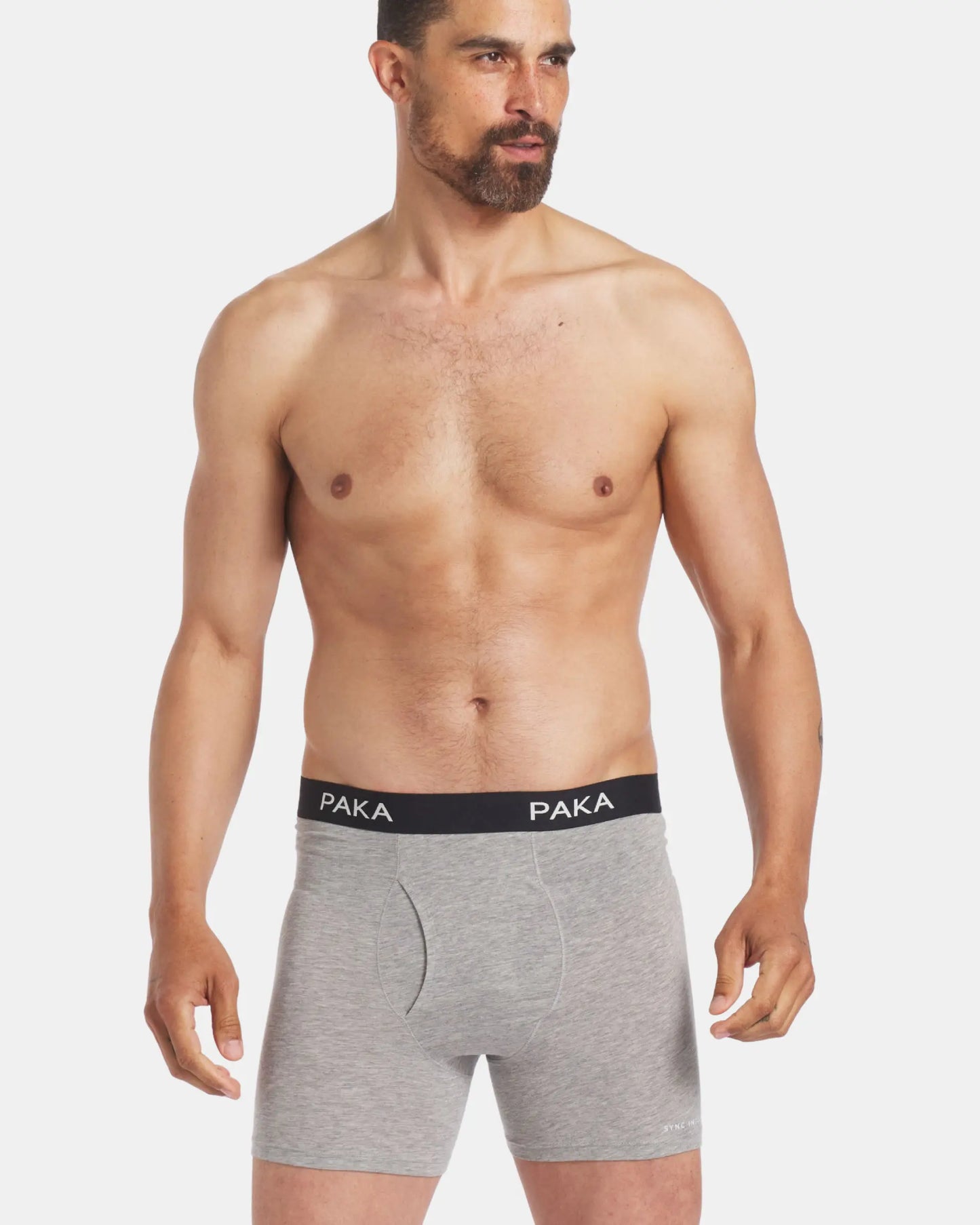 Mens grey alpaca underwear briefs on model