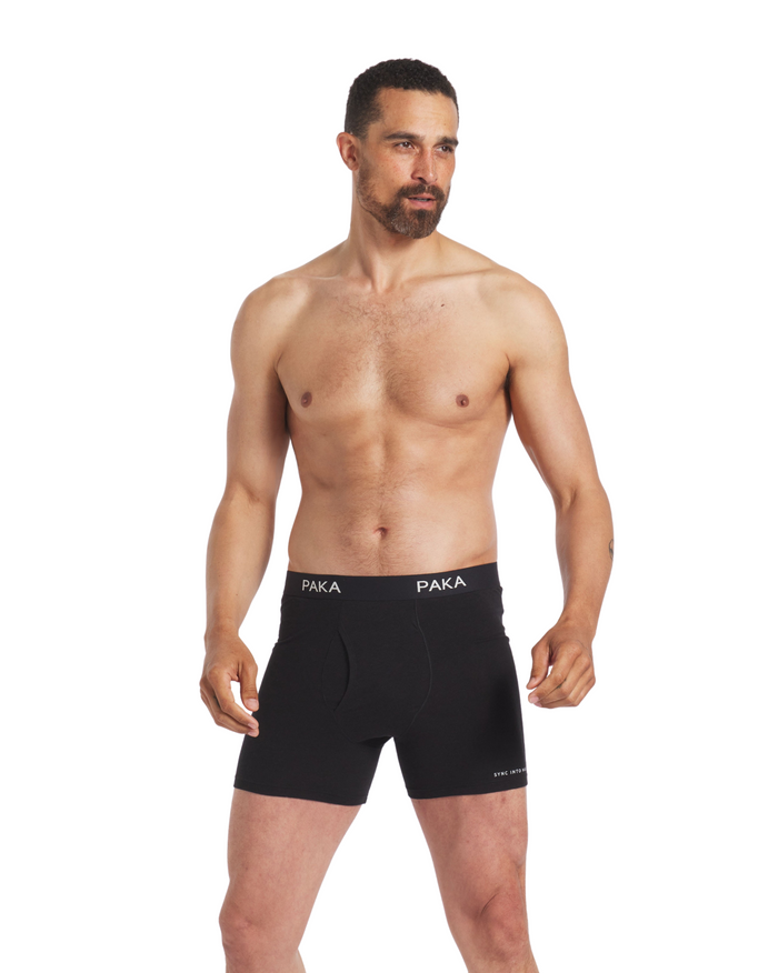 Men's black alpaca briefs underwear on model