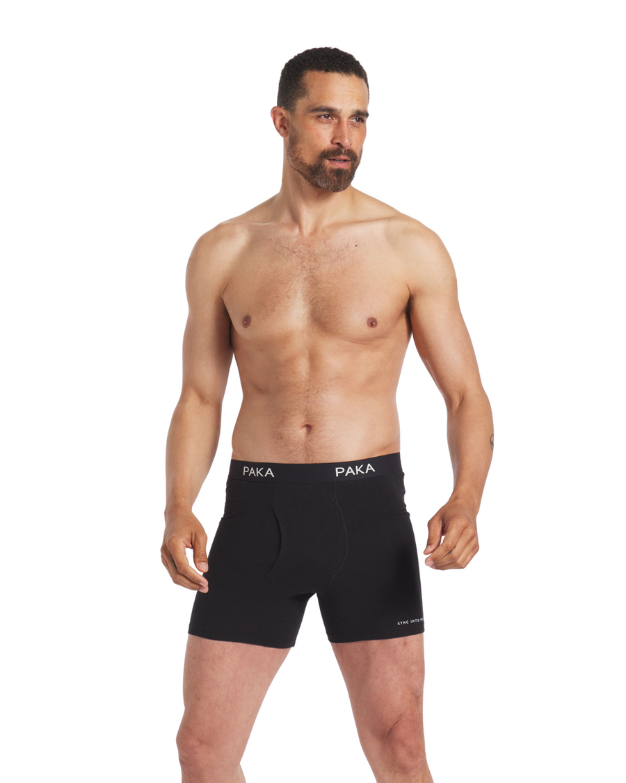 Men's black alpaca briefs underwear on model