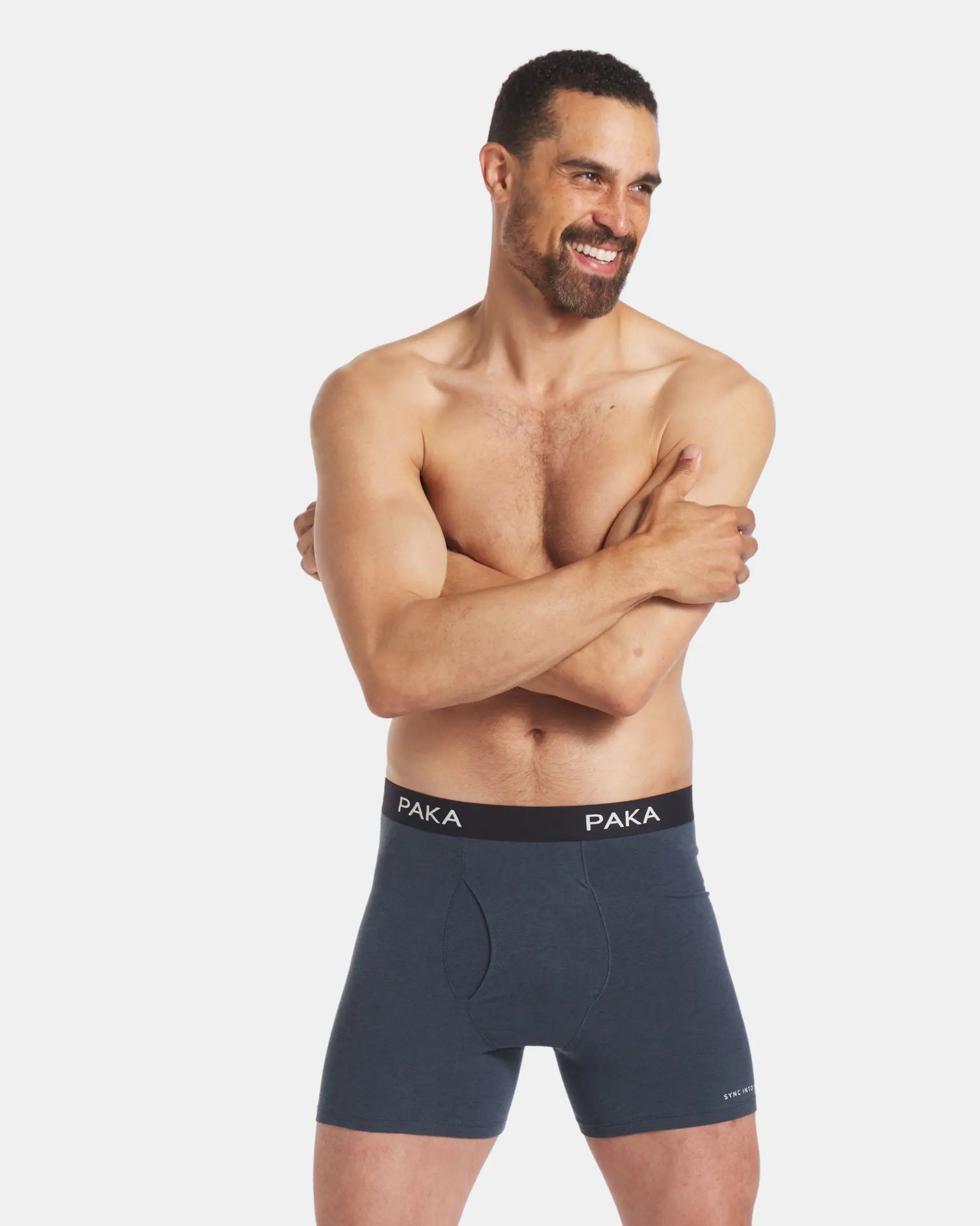 Men's blue alpaca briefs underwear on model