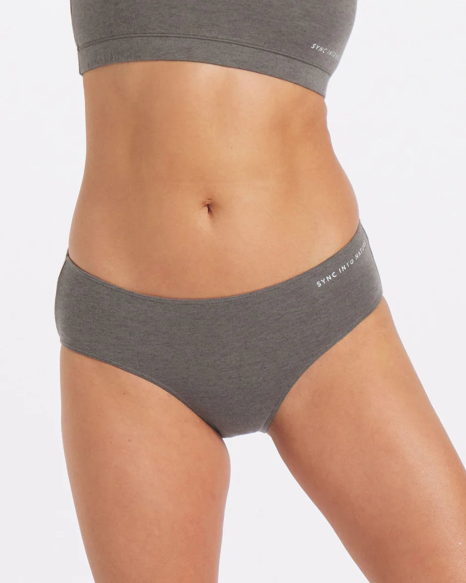 grey women's alpaca underwear on model 