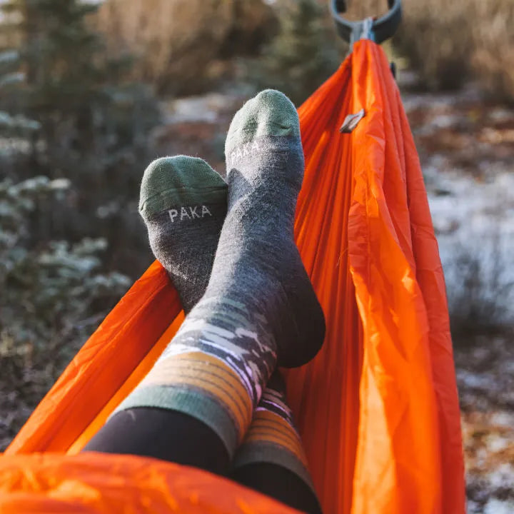Resting in a hammock with warm feet in our Mountain socks
