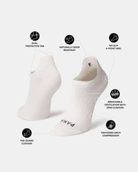 Angled view of white Trail Ankle Socks with no-slip 5-point heel, breathable ventilation, and arch compression
