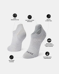 Annotated gray Trail Ankle Socks highlighting odor-resistant alpaca, no-slip heel, breathable knit, and arch compression