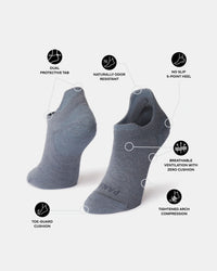 Angled view of gray Trail Ankle Socks showing toe-guard, arch compression, breathable ventilation, no-slip heel