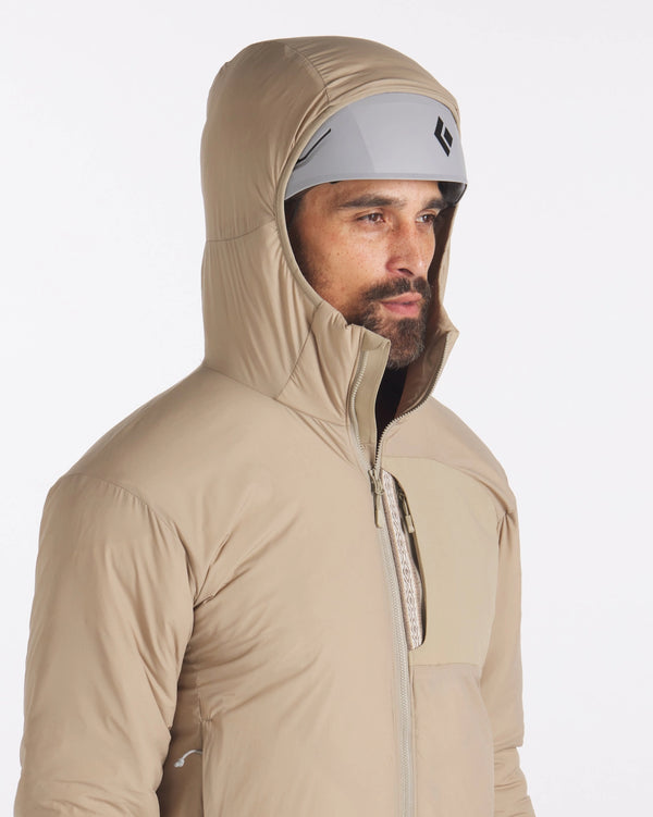 Man Wearing Climbing Helmet with Hood Up of Desert / Tan Apu Lightweight Puffer Jacket – PAKA Apparel