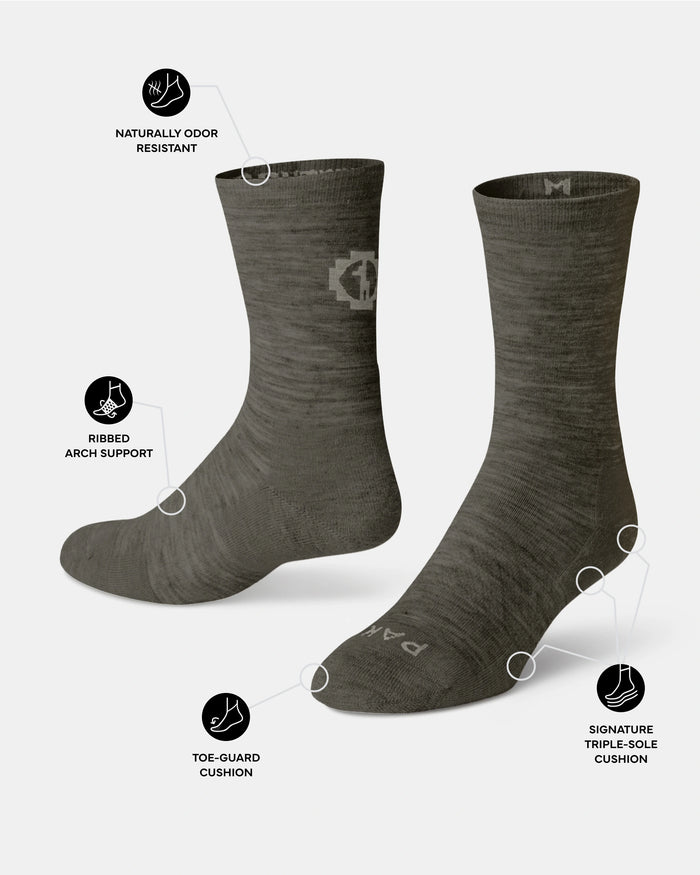 Pair of Andean Moss socks with feature icons on a white background
