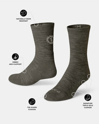 Three-quarter view Essential Crew Socks in Andean Moss with toe-guard, ribbed arch support, and triple-sole cushion