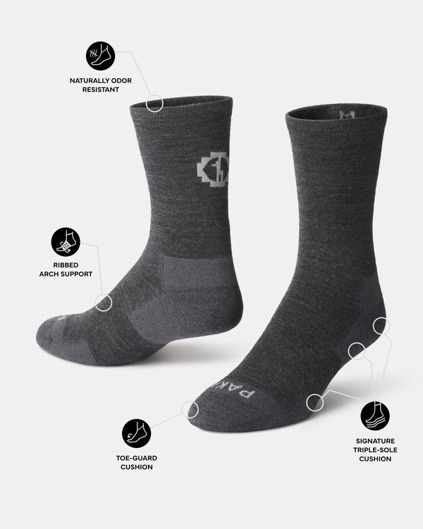 Dark grey socks with features highlighted on a white background