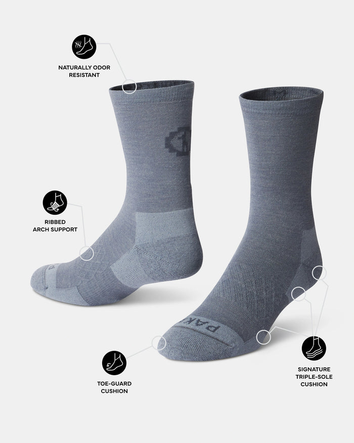 Indigo socks with features highlighted on a white background
