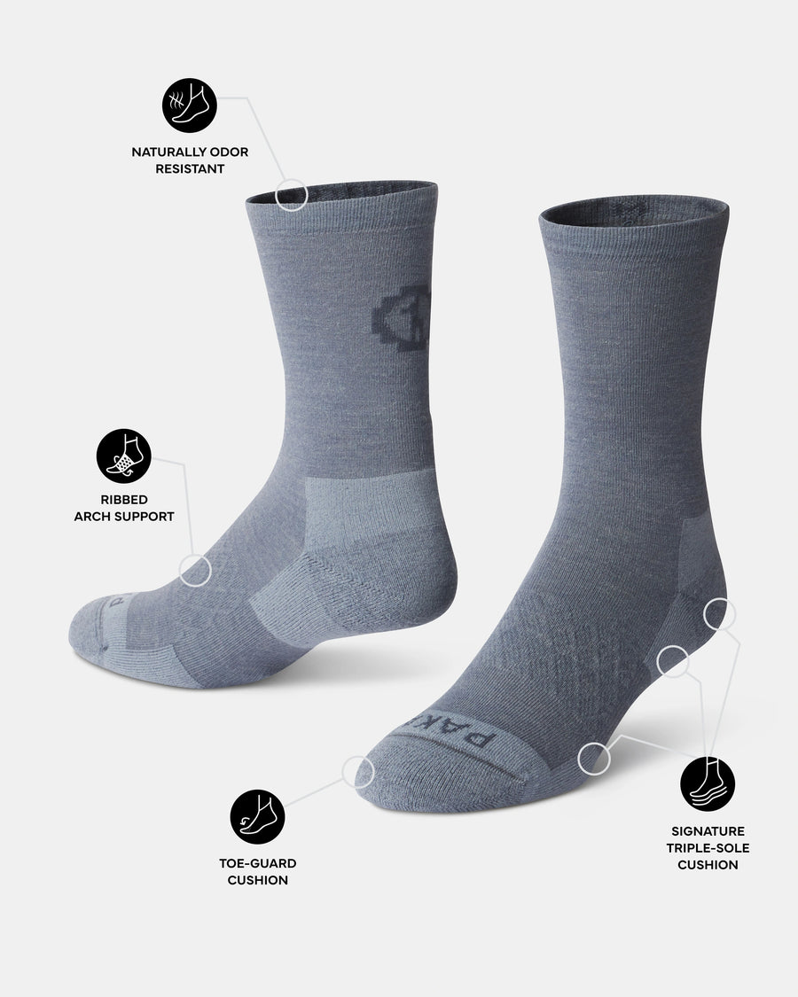 Indigo socks with features highlighted on a white background