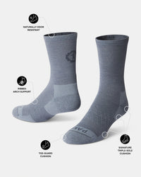 Indigo socks with features highlighted on a white background