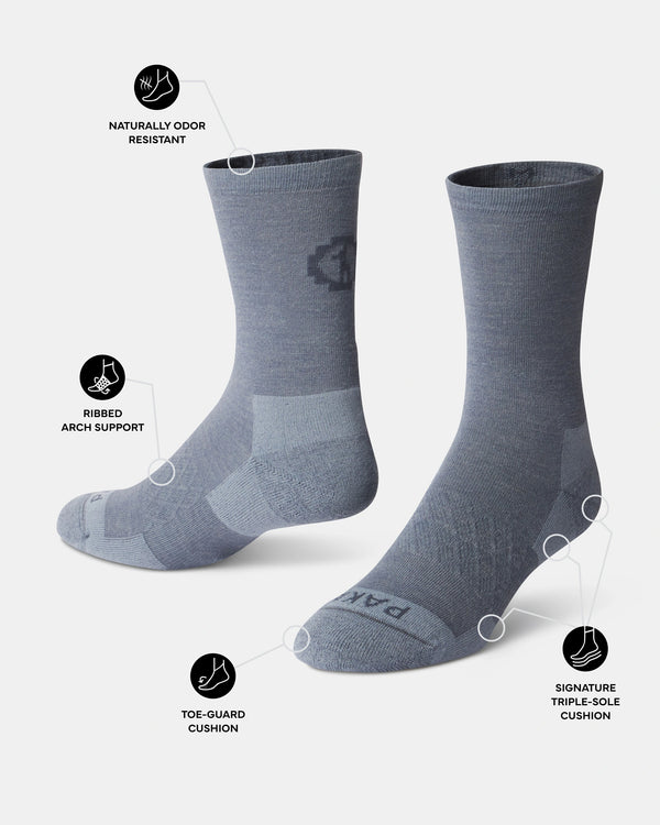 Indigo socks with features highlighted on a white background