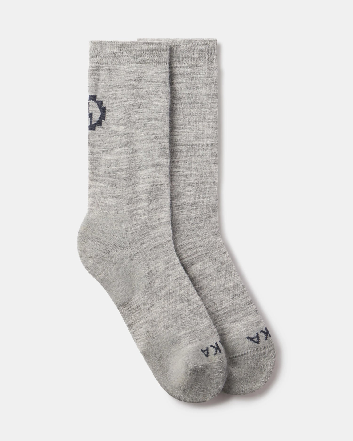Pair of light gray socks with a logo on a white background