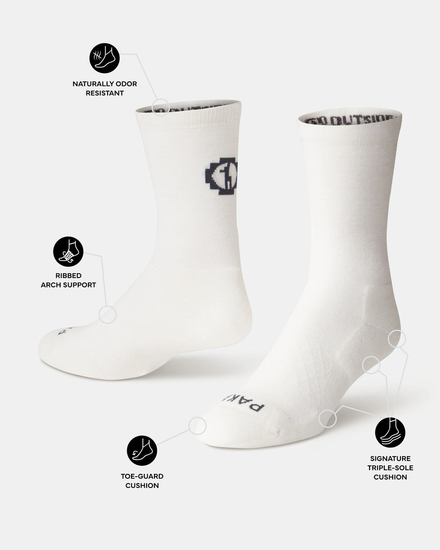 White socks with brand logo on a white background, featuring text about sock features.