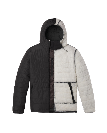 Cozy outdoor winter jacket showing half with exterior and half interior insulation