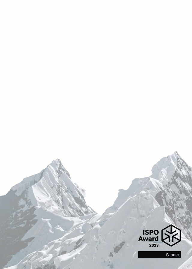 Logo of ISPO Award for PAKA Apu Parka Sustainable Winter Jacket Over Snowy Mountain Peaks