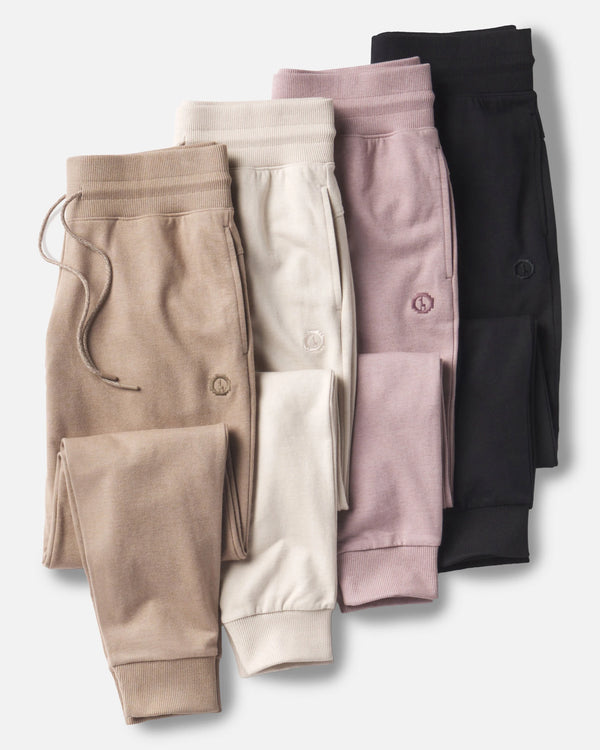 Four Natural Fiber Women’s Jogger Pants in Walnut / Tan, Ivory / Off White, Quail / Pink, and Black – PAKA Apparel