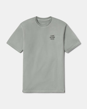 Gray t-shirt with 'LOVE NATURE BACK' text on a white background