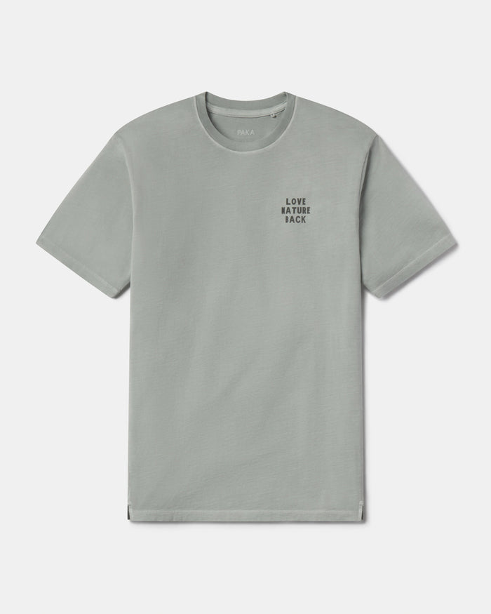 Gray t-shirt with 'LOVE NATURE BACK' text on a white background