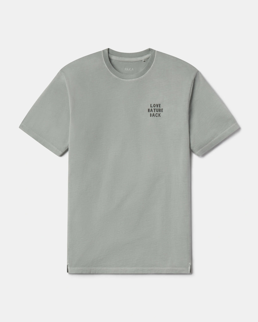 Gray t-shirt with 'LOVE NATURE BACK' text on a white background