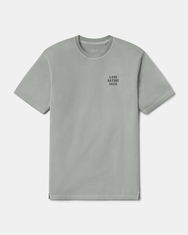 Gray t-shirt with 'LOVE NATURE BACK' text on a white background