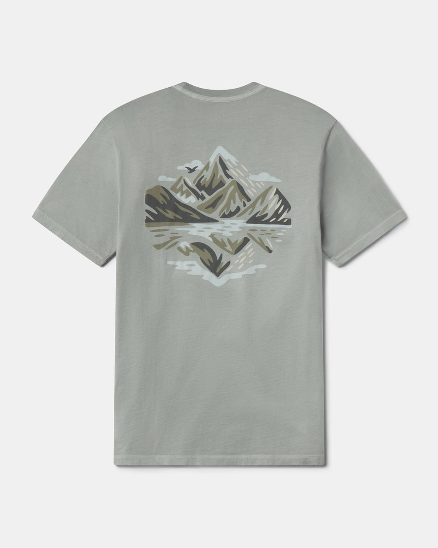 Gray t-shirt with mountain graphic on a white background