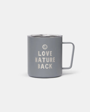 Gray mug with 'Love Nature Back' text on a white background