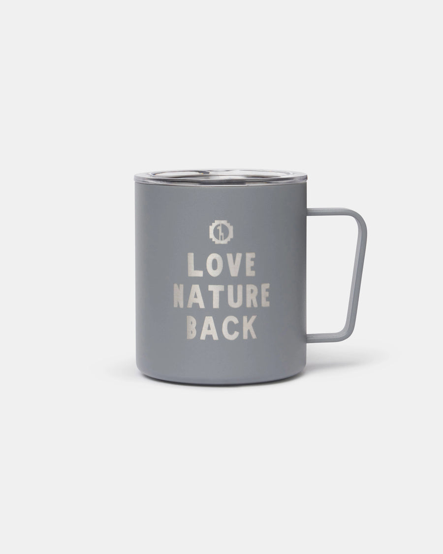Gray mug with 'Love Nature Back' text on a white background