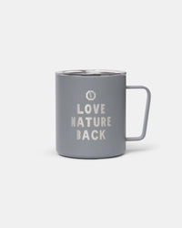 Gray mug with 'Love Nature Back' text on a white background