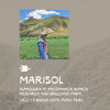 Woman standing in front of green hills and snow-capped mountains with overlay text ‘MARISOL’