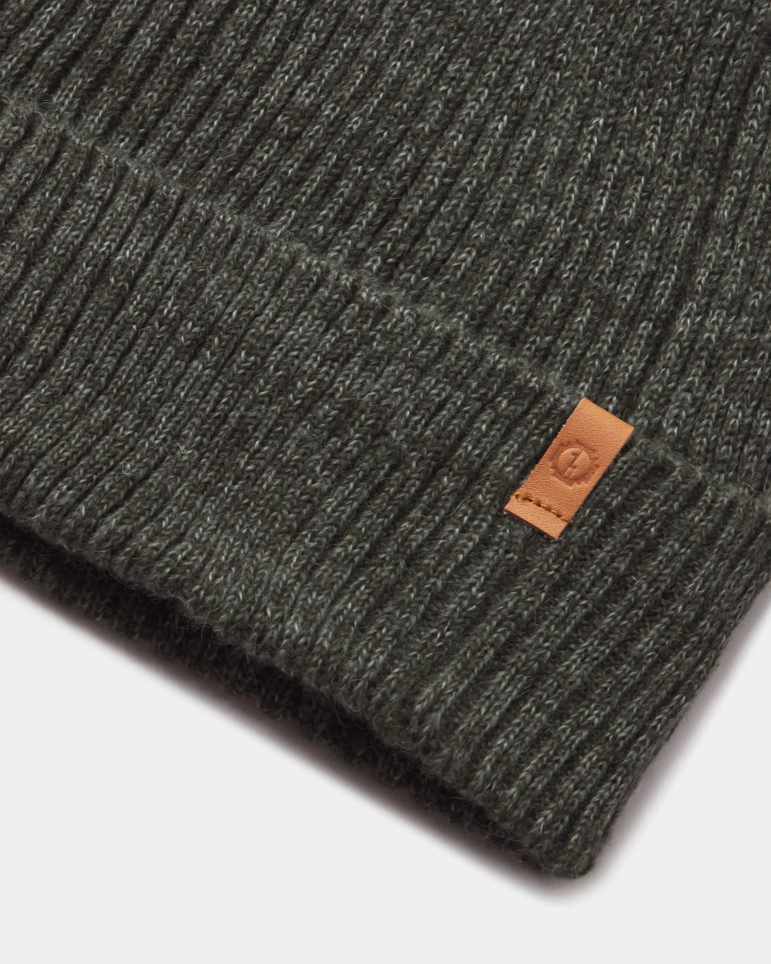 Cozy Marled Beanie in Andean Moss  with a brown leather PAKA label on a white background