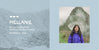 Mellanie standing outdoors in a purple jacket with misty mountains behind her, left panel overlay reads Mellanie