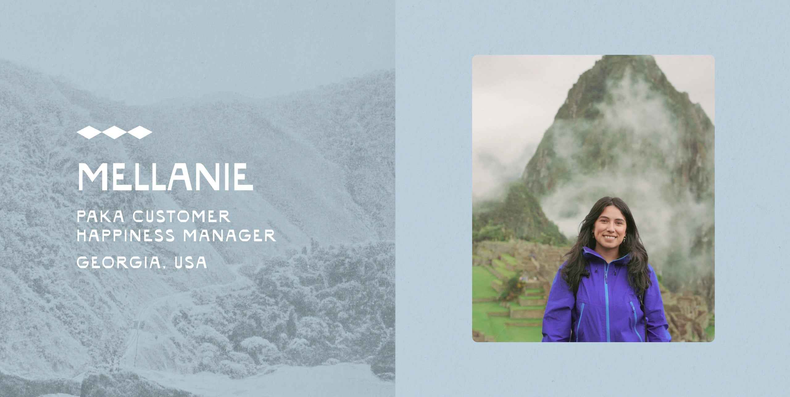 Mellanie standing outdoors in a purple jacket with misty mountains behind her, left panel overlay reads Mellanie