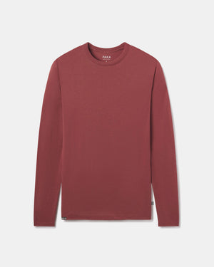 Flat lay of Men’s Aire Long Sleeve alpaca shirt in clay showcasing crew neck and long sleeves on white background
