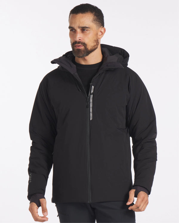 Model Wearing Apu Men's Black Parka Winter Ski Jacket with Sustainable PAKAFILL® Alpaca Insulation – PAKA Apparel