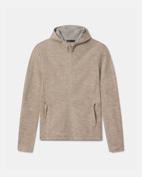 Front view of Men’s Breathe full-zip hoodie in timber showcasing zippered pockets, hood, and slim athletic fit on white background