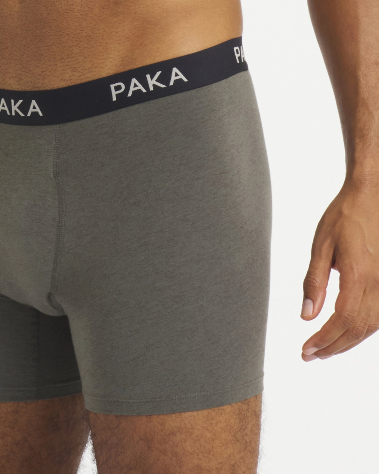 Front of Men’s Essential Boxer Brief in Andean Moss showing PAKA waistband and mid-thigh fit on white background
