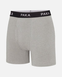 Front view of Men’s Essential Boxer Brief in heather grey showcasing black waistband with PAKA logo and contoured pouch on white background