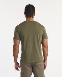 Back of Model in Andean Moss / Dark Green Essential Tee Men's Pima Cotton and Alpaca T-Shirt – PAKA Apparel