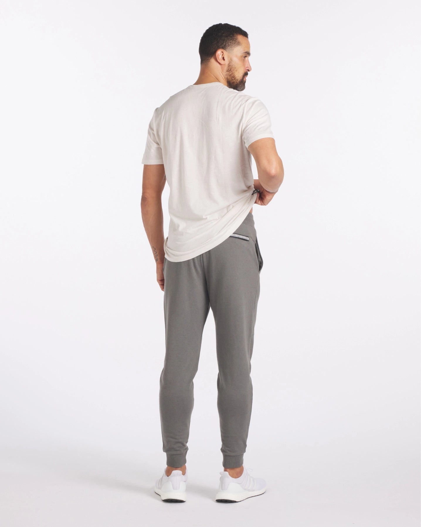 Backside image of model wearing Terry joggers