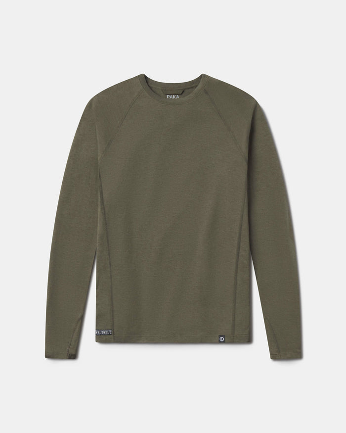 Green long-sleeve shirt on a light gray background