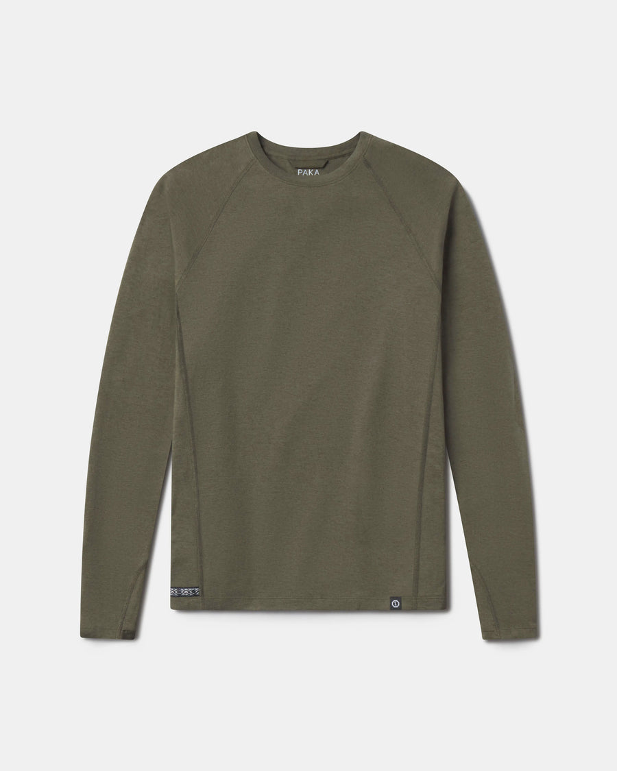 Green long-sleeve shirt on a light gray background