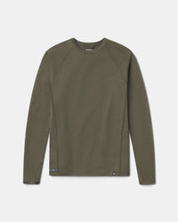 Flat front view of Men’s Sol Crew long sleeve UPF shirt in Andean Moss showing crew neck and raglan sleeves on light gray